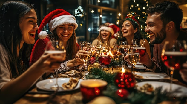 Photo a group of women are sitting at a table with glasses of wine and a christmas tree in the background