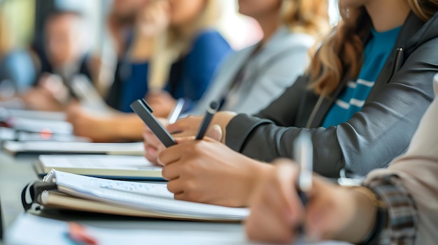 a group of women are sitting at a table with a pen in their hand