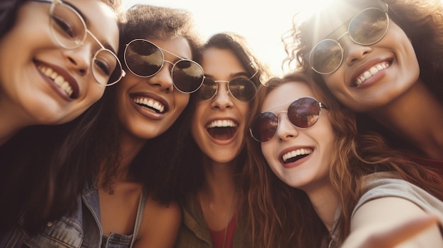 A group of women are smiling and wearing sunglasses.