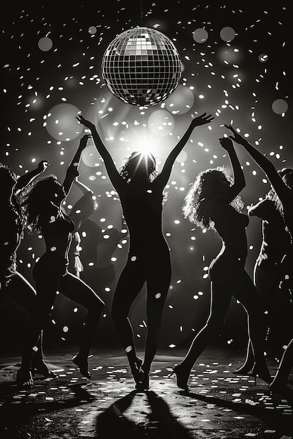 Photo a group of women are standing in front of a black background with snowflakes falling on them