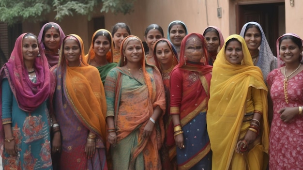 A group of women are standing in front of a building.