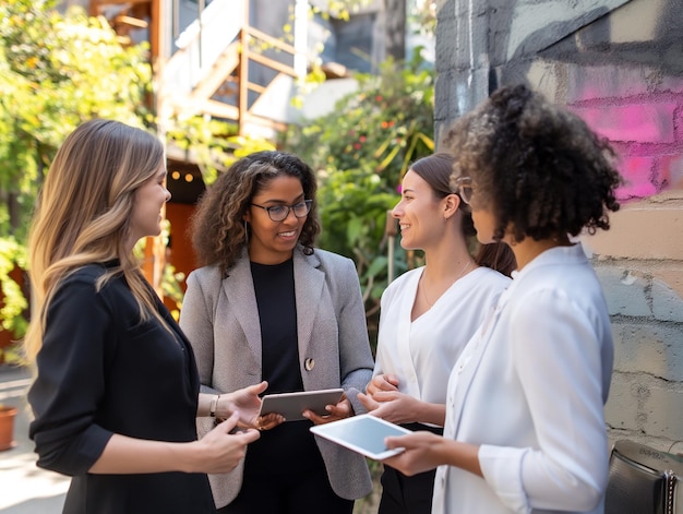 a group of women are talking in front of a building