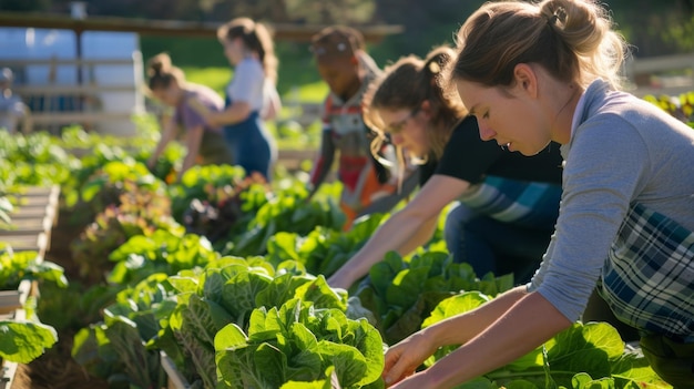 Photo a group of women are working in a field of lettuce