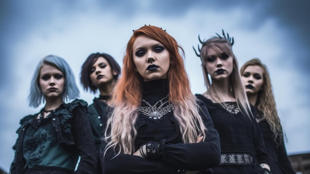 a group of women in black with black makeup