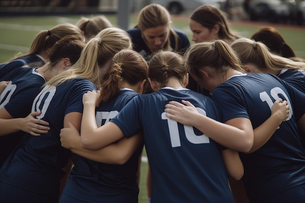 A group of women in blue jerseys huddles together.