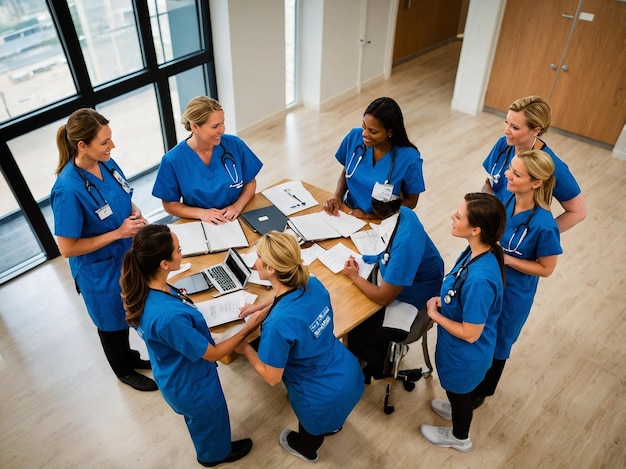 Photo a group of women in blue shirts are around a table with one that says quot dope quot on it