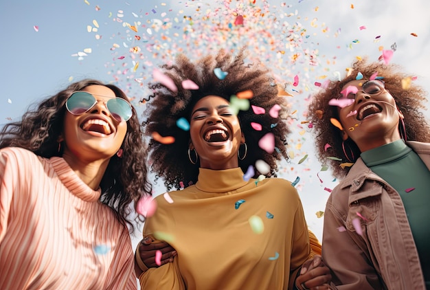 A group of women celebrating under a shower of confetti