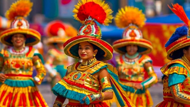 a group of women in colorful costumes are in the street