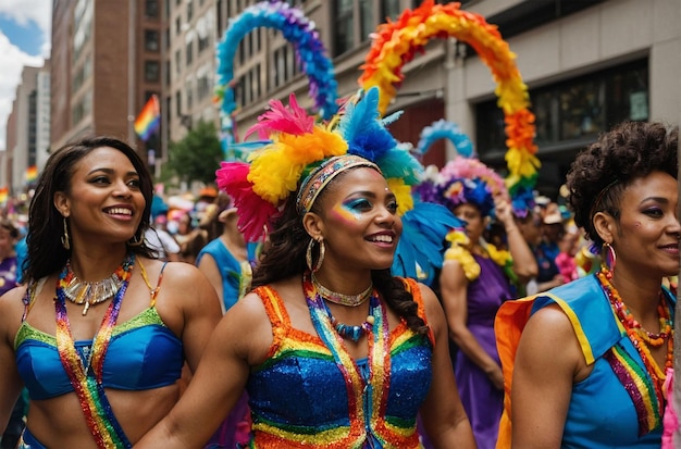 a group of women in colorful costumes are walking in a parade