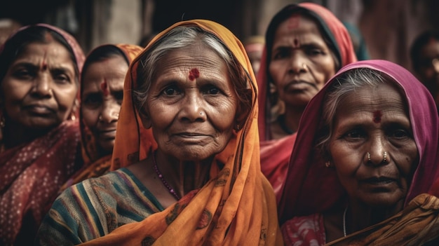 A group of women in colorful saris stand in a line in a temple.