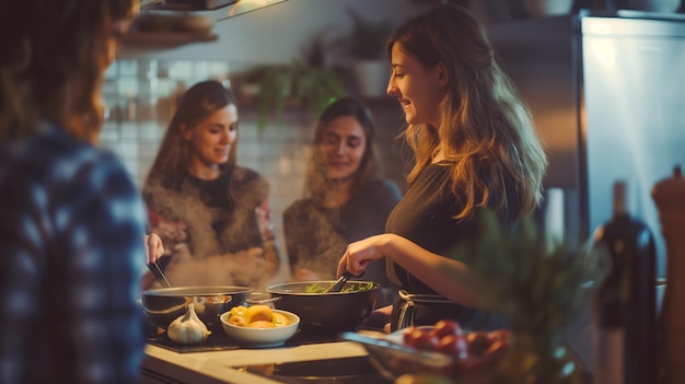 a group of women cooking in a kitchen with a woman cooking food