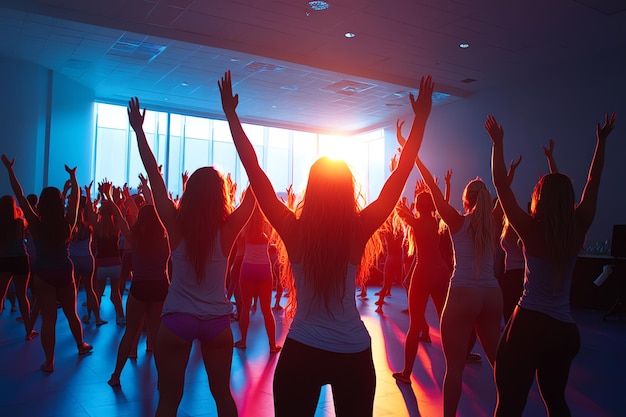 Photo group of women dancing in a studio with colorful lighting