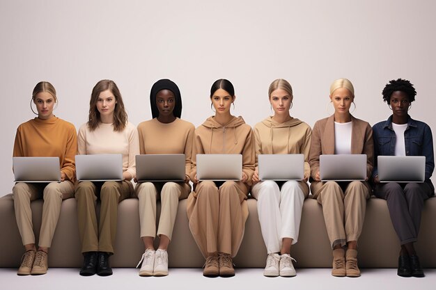 Group of women of different ethnicities with laptops of it workers