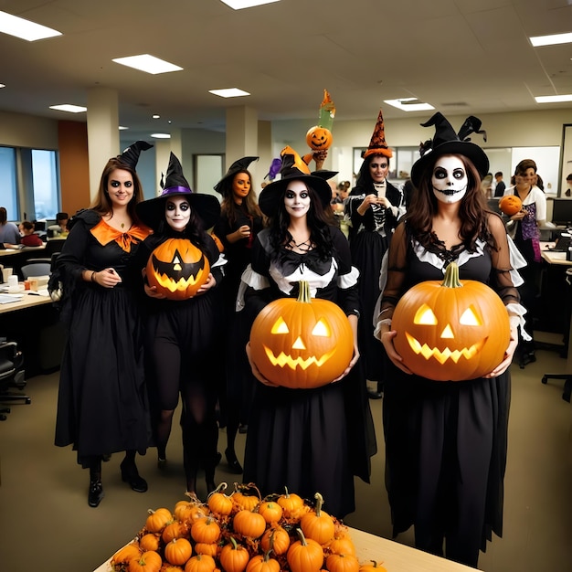 a group of women dressed as zombies stand in front of a table full of pumpkins