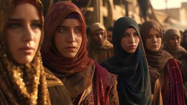 A group of women dressed in colorful traditional attire stands together in a bustling market their expressions serious as they engage with the vibrant surroundings at dawn