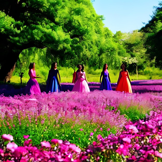 Photo a group of women in dresses are standing in a field of purple flowers