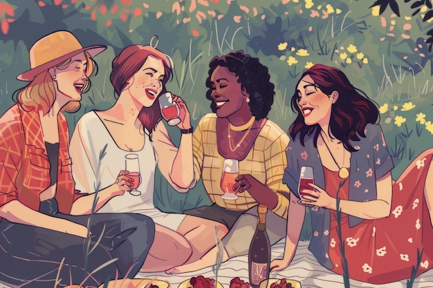 Photo group of women enjoying a picnic sitting on a grass covered field chatting and laughing a group of friends laughing and chatting at a picnic