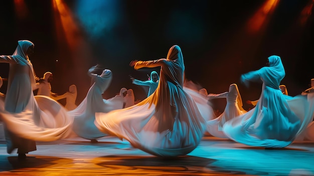 Photo a group of women in flowing white robes dance gracefully on a stage illuminated by colorful spotlights