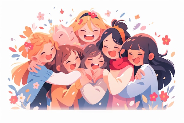 group women friends hugging illustration anime style illustration colorful drawing