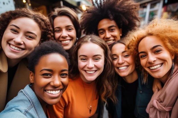 Group of women friends smiling for selfie picture at camera Happy people having fun together celebrating outside