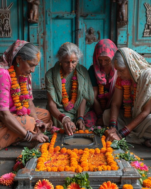 Photo a group of women gathered around teej background