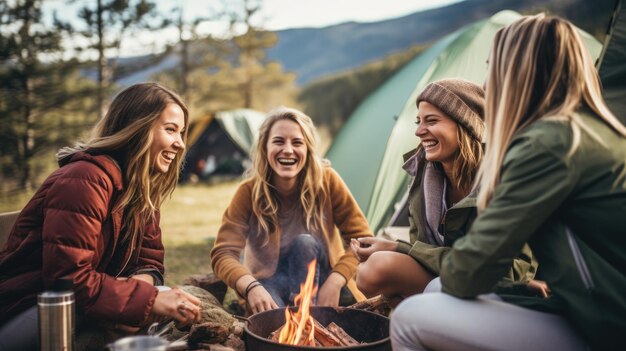 Group of women having fun camping at campsite making a fire Laughing and bonding together joyfull