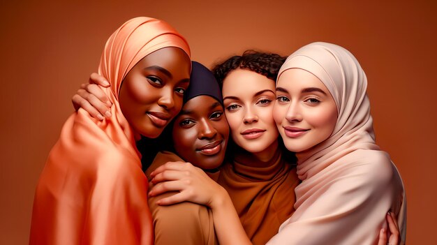 Group of women in headscarves posing for picture with their arms around each other