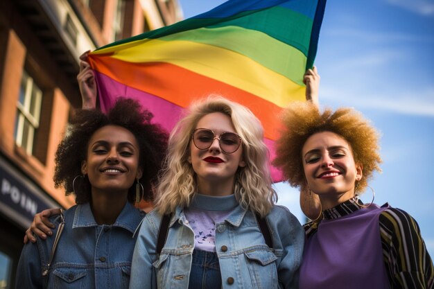 a group of women holding a rainbow flag