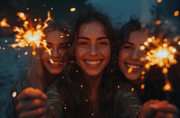 a group of women holding sparklers in the dark