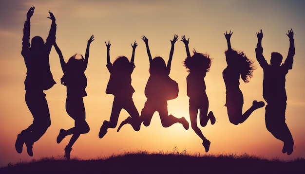 a group of women jumping in the air with the sun behind them