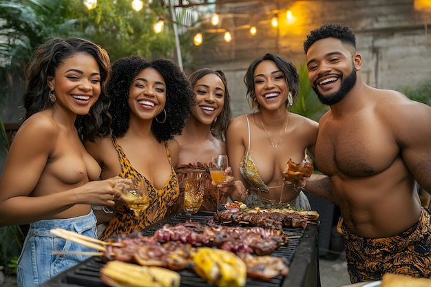 Photo a group of women and men are cooking food on a grill