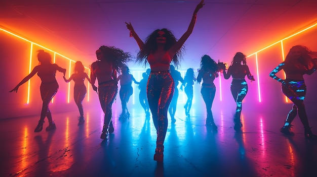 Photo a group of women in neon lights dance in a dark studio