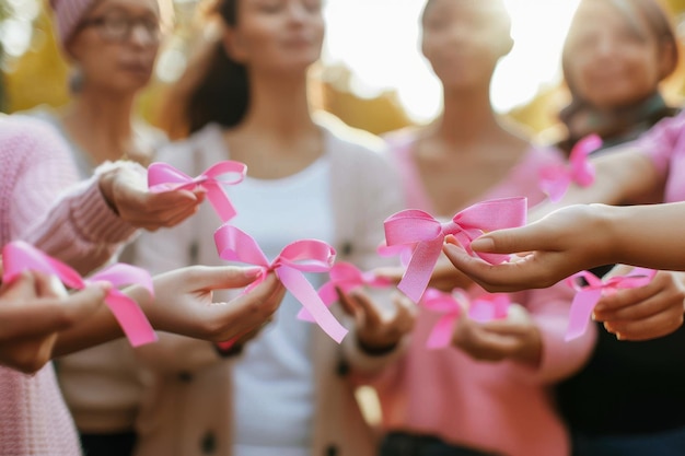 Photo group of women in pink breast cancer awareness ribbons cropped view of a multiethnic group of wome