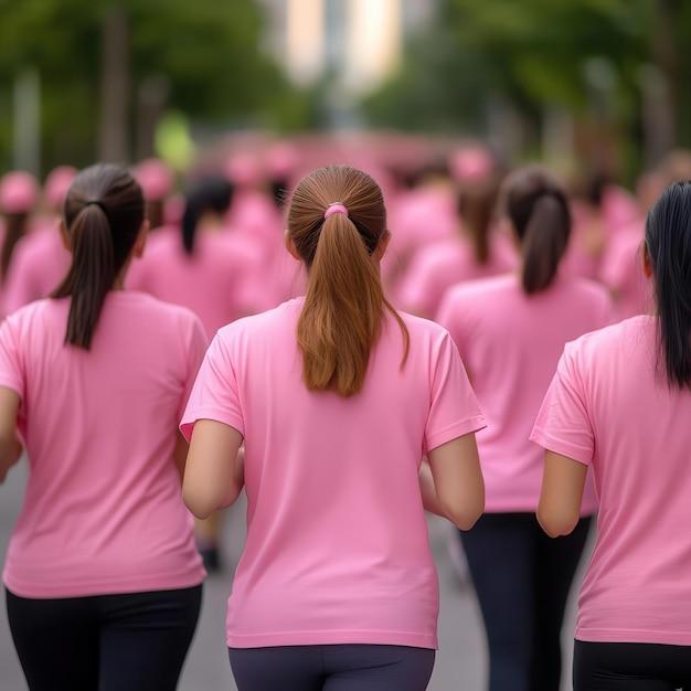 Photo group of women in pink shirts walking for a breast cancer charity event selective focus community