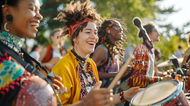 Photo a group of women playing drums and wearing colorful costumes