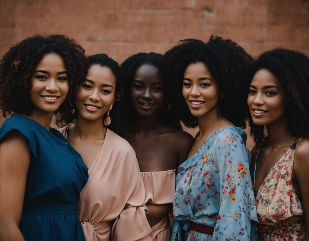 a group of women pose for a photo with one wearing a blue dress