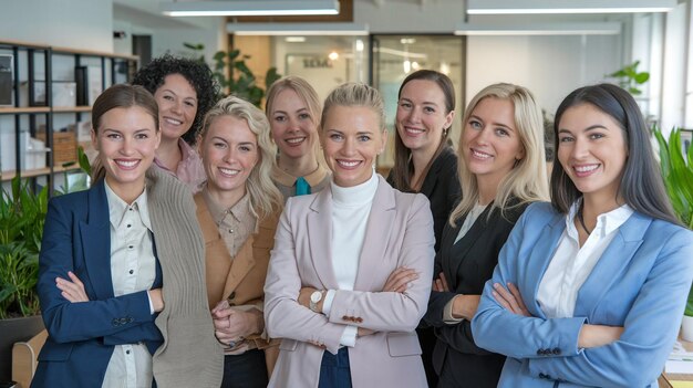 Photo a group of women pose for a photo with a woman in a suit