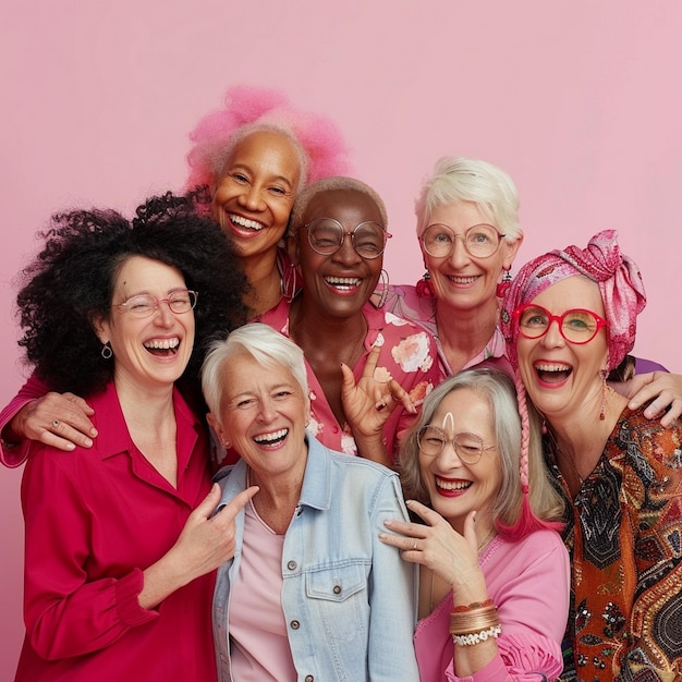 a group of women posing for a photo with one wearing a pink shirt that saysson it