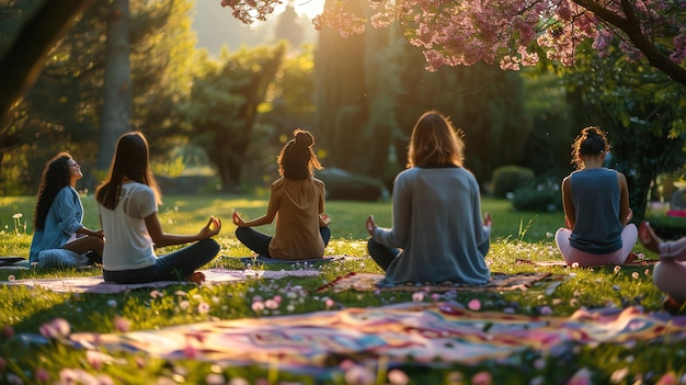 A group of women practice yoga in a peaceful park setting with a tree canopy overhead