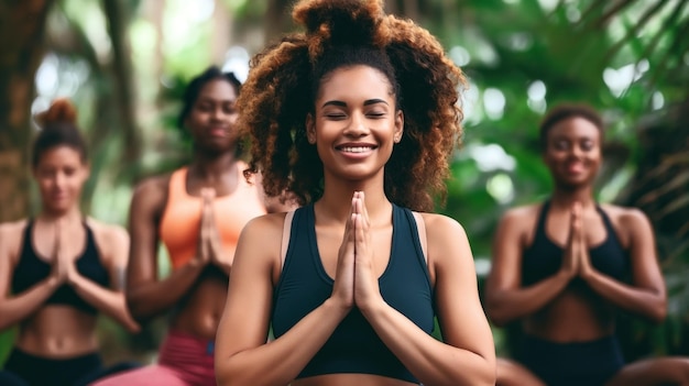 Group of women practicing yoga outdoors focusing on a woman smiling with eyes closed in the foreground hands in prayer position