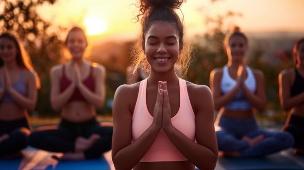 Group of women practicing yoga outdoors at sunset with focus on a smiling woman in the foreground in a prayer pose