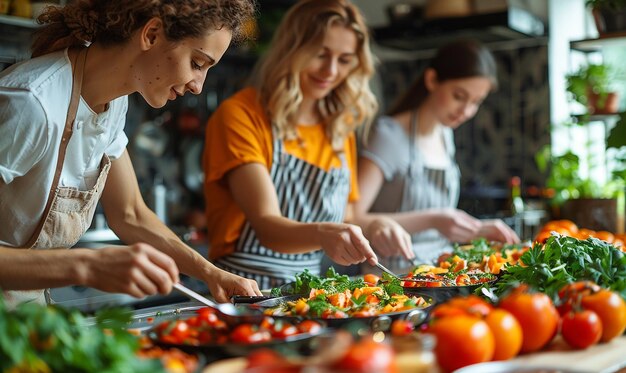 Photo a group of women preparing food in a kitchen with one cutting vegetables