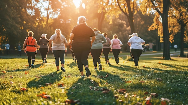 Photo group of women running in a park during sunset