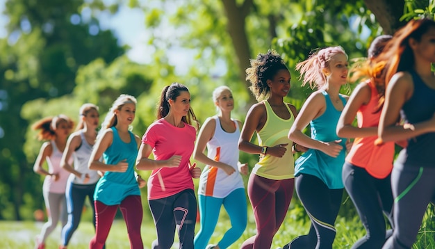 a group of women running in a park with the word marathon on the front