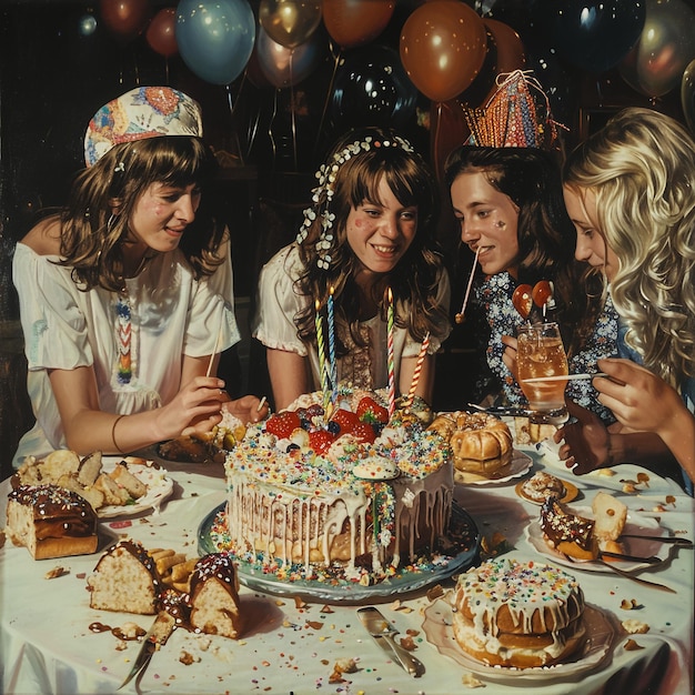 a group of women sit around a table with a cake that says happy birthday