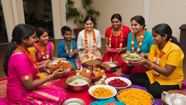 a group of women sit around a table with food