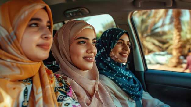 A group of women sit in the back seat of a vehicle relaxed and socializing