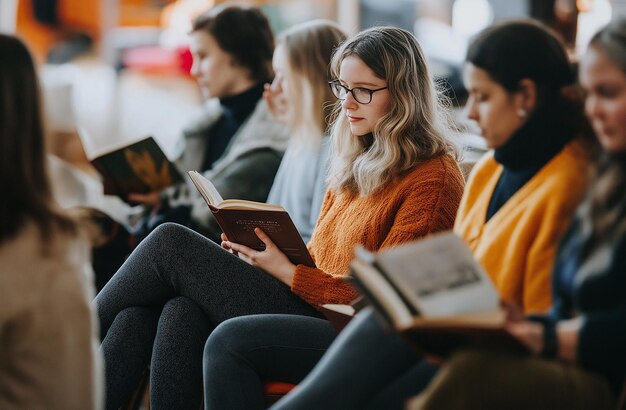 Photo a group of women sit on a bench one reading a book