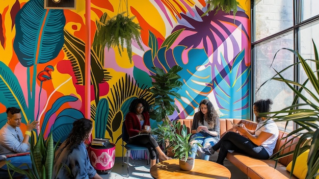 A group of women sit in front of a colorful mural with palm trees