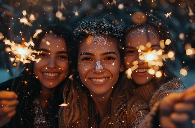 a group of women smiling and smiling with sparkles around them